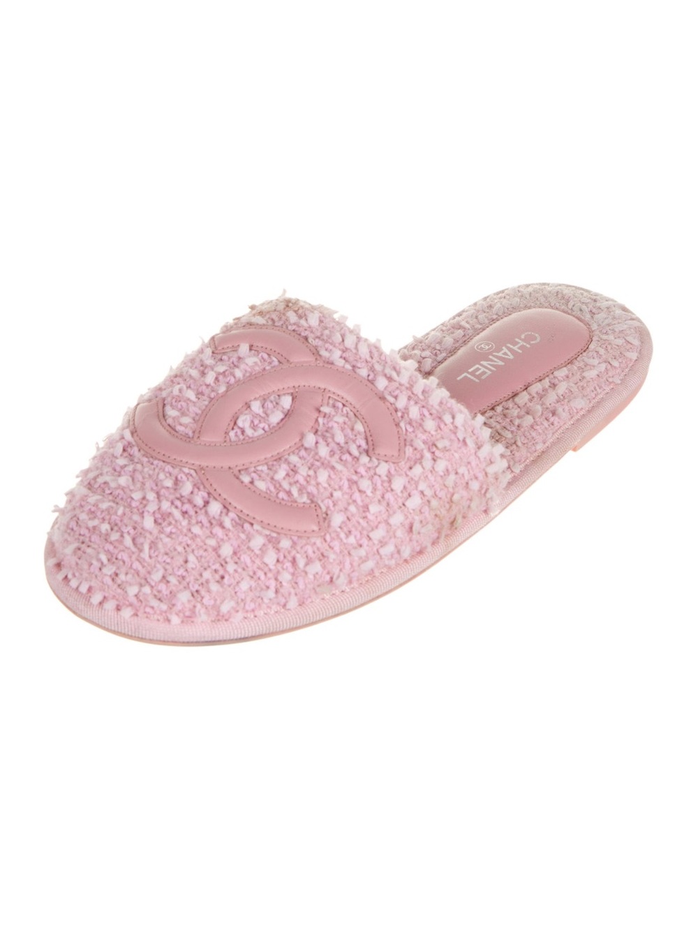 CHANEL Pink Tweed CC Logo Slip-On Slipper